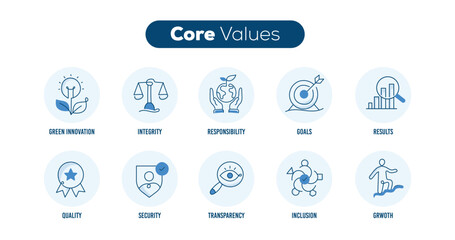 Core Value Icons. Business Ethics Icons. Company Culture Icons. Editable Stroke Icons.