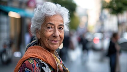 Fototapeta premium Graceful Elegance in the City: Senior Woman's Chic Urban Portrait Generative AI.