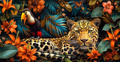 Naklejka premium A colorful jungle scene with a leopard laying down. Concept of peace and tranquility in the midst of nature