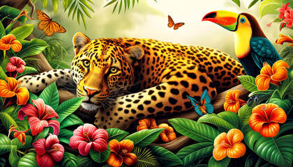 A colorful jungle scene with a leopard laying down. Concept of peace and tranquility in the midst of nature