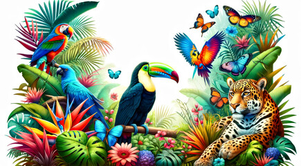  Exotic Birds, Animals and Tropical Flora.A colorful jungle scene with birds, butterflies, and a jaguar