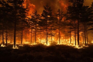 A catastrophic forest fire consuming a pine woodland at night.