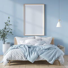 3D render. Nordic-style bedroom, light blue wall. Empty white mockup photo frame on the wall.