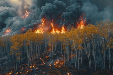 Fiery flames engulf a forest under a stormy, dark smoke-filled sky.