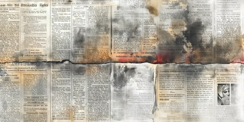 Old grunge background with newspapers torn and painted pages. Creative vintage background with copy space.
