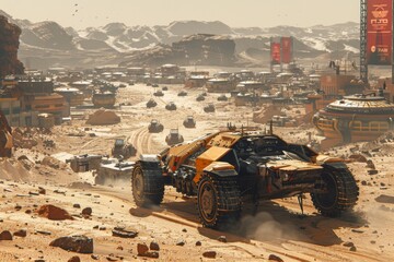 A rugged vehicle kicks up dust on a bustling Mars colony with buildings and mountains.