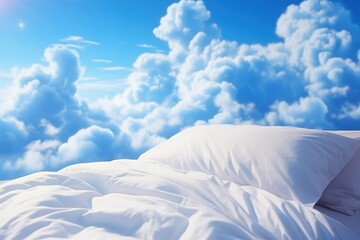Sweet dreams concept image of soft cozy pillow flying on cloudy sky. Comfortable bedding or healthy sleeping.