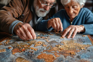 An elderly couple intently focuses on completing a puzzle together, their experience and patience evident. - Powered by Adobe