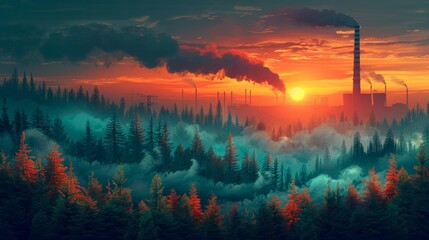 Twilight industry and forest landscape