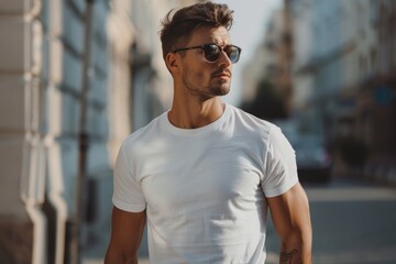 Fototapeta premium Stylish Urbanite: A Trendsetting Man's Walk Through the City - Generative AI