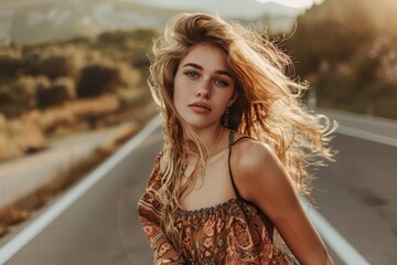 Naklejka premium Sunset Wanderlust: Fashionable Woman Embracing Bohemian Elegance - Generative AI