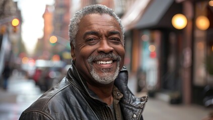 Fototapeta premium Urban Elegance: Joyful Senior Man's Vibrant Smile on the City Streets Generative AI.