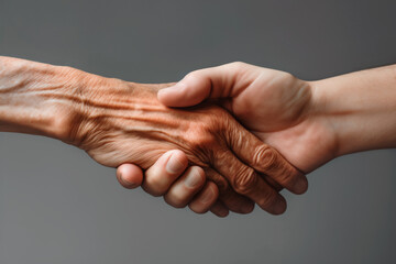 A young hand holding an old hand, helping and caring for the elderly, family support, solidarity, assistance for senior and aging people