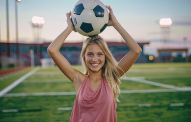 A young woman holding up an oversized soccer ball with her two hands, smiling and standing on the football field. 