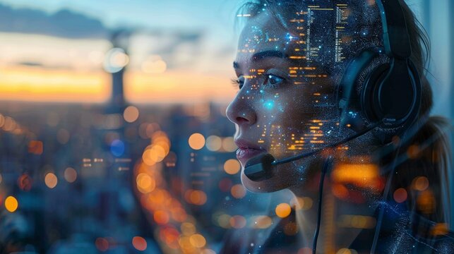 Call center agent against a cityscape urban tech support