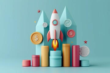 Business growth with rocket and rising bars a 3D strateg - obrazy, fototapety, plakaty