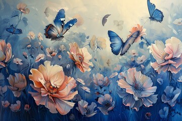 Butterflies waltz over oil-painted blooms a floating gar - obrazy, fototapety, plakaty