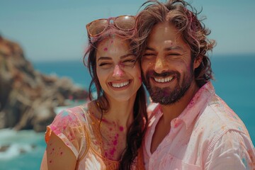 A couple with painted faces smiles brightly, splattered with vibrant Holi colors.