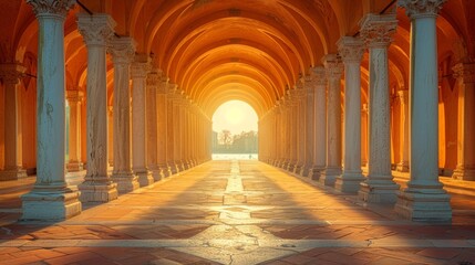 Majestic sunset through arched hallway