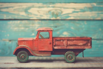 Old toy truck on aquamarine background vintage instagram photo