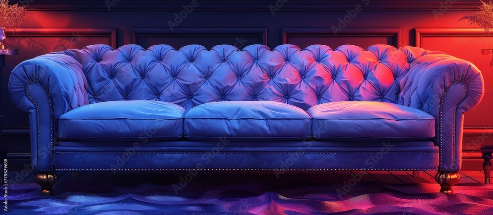 Poster a azure studio couch is placed in a dimly lit room with red lights, creating a mysterious atmosphere