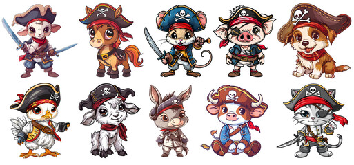 Cute animal pirate Illustration Clipart isolated background, generated ai