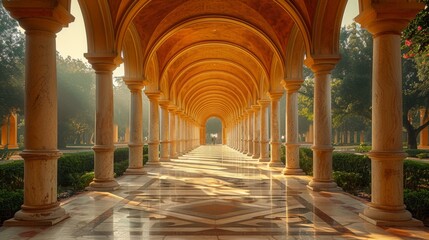 Majestic colonnade bathed in golden light at sunrise