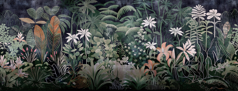 pattern wallpaper jungle and leaves tropical forest mural and butterflies old drawing vintage background .