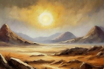 Abstract desert landscape, dried up lake bed, bright sun in the sky large desert rocks - obrazy, fototapety, plakaty