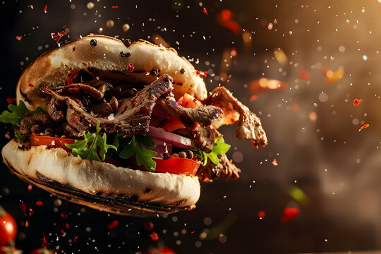Grilled beef turkish or chicken arabic shawarma doner sandwich with flying ingredients and spices hot ready to serve and eat food.