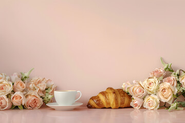 Croissant and coffee cup in the morning with flowers and roses table setting