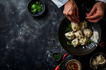 Professional chef hands preparing steamed or boiled dumplings in a bowl and arrange fine dining in Chinese or Japanese restaurant