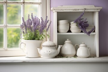 Rustic interior design adorned with lovely lavender flowers for a shabby chic aesthetic