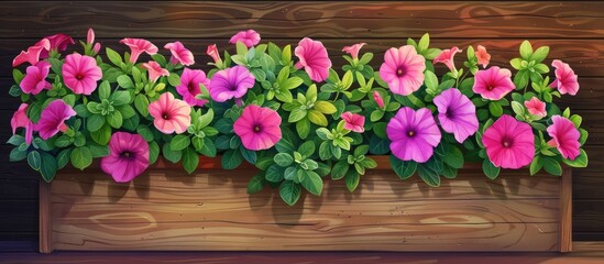 A creative arts piece showcasing a wooden box filled with a beautiful arrangement of pink and purple flowers, green leaves, and plant petals, perfect for a houseplant display