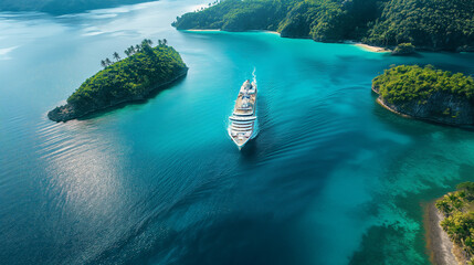 Luxury cruise ship sailing to port on sunrise