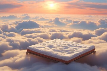 Sweet dreams concept image of soft cozy mattress flying on cloudy sky. Comfortable bedding or healthy sleeping.