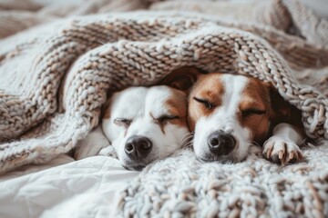 Pair of dogs in love snuggled under blanket in bed