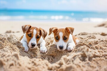 Pair of Jack Russell terriers digging a hole on the beach during summer vacation with ocean backdrop - obrazy, fototapety, plakaty