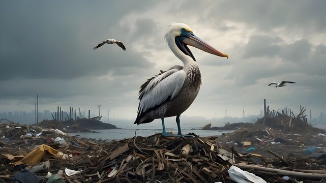 In this stunning generative AI rendering, a lone pelican stands tall and proud, its imposing figure a symbol of resilience in the face of environmental destruction. The piles of discarded waste surrou