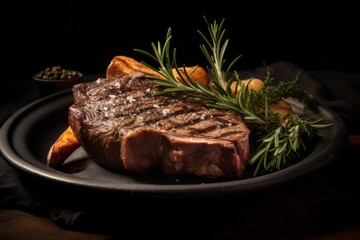 Exquisite medium rare ribeye steak in a clay dish against a dark background