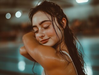 A woman with wet hair is smiling and looking at the camera. She is wearing a white tank top and she is enjoying herself