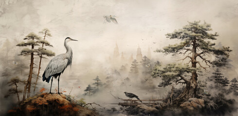 drawing wallpaper of a landscape of birds crane in the middle of the forest in vintage style for wall