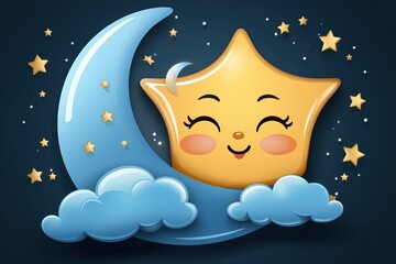 Cute star with smiling face on blue background.