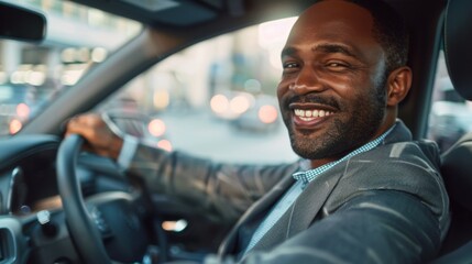 Smiling Black Man Driving Car in the City at Dusk