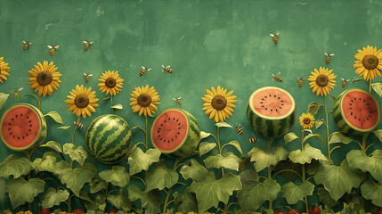 watermelon patch with ripe watermelons growing on the vines, accompanied by cheerful sunflowers and buzzing bees, Watermelon Day.