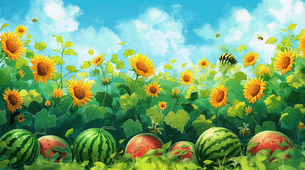 watermelon patch with ripe watermelons growing on the vines, accompanied by cheerful sunflowers and buzzing bees, Watermelon Day.