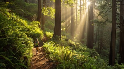 Runner navigates a trail covered in lush ferns and wildflowers, vibrant colors contrasting with the earthy path
