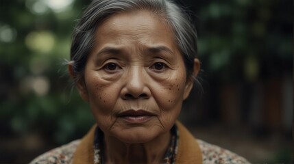elderly asian woman serious intimate portrait looking at camera from Generative AI