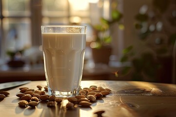 A glass of almond milk with almonds scattered around the base