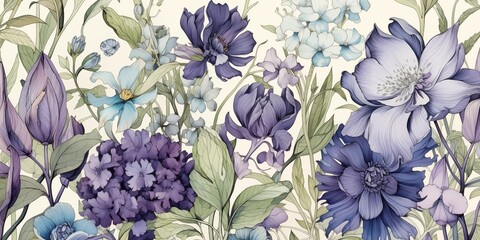 spring flowers background vintage botanical illustration Blue purple green for wall and print